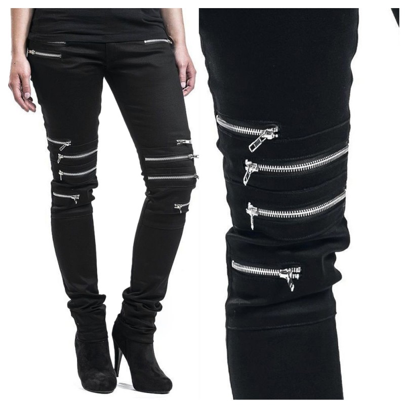 Women Gothic Punk Rock Vegan Armor Biker 8 Metal Zipper Cotton Pants 